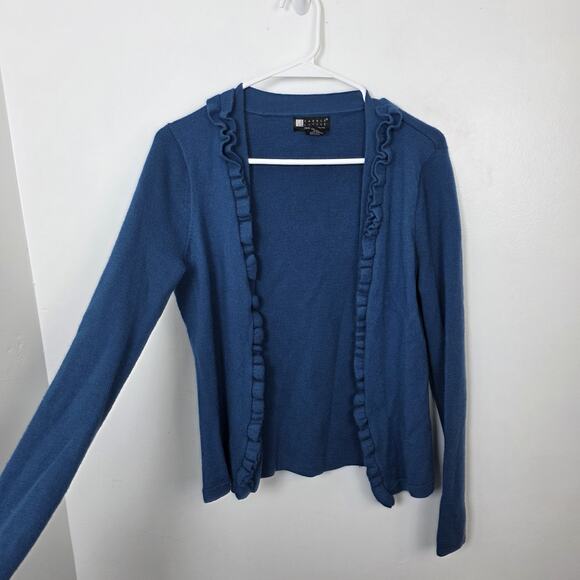 Carole Little Blue 100% Italian Merino Wool Ruffle Preppy Cardigan Size Medium - Picture 3 of 8